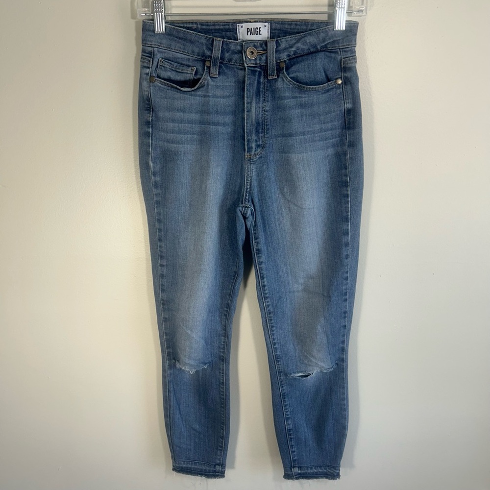 Paige Margot Ankle Jeans Size 27 (Measured 25) Slit Shins Frayed Hems Blue Denim